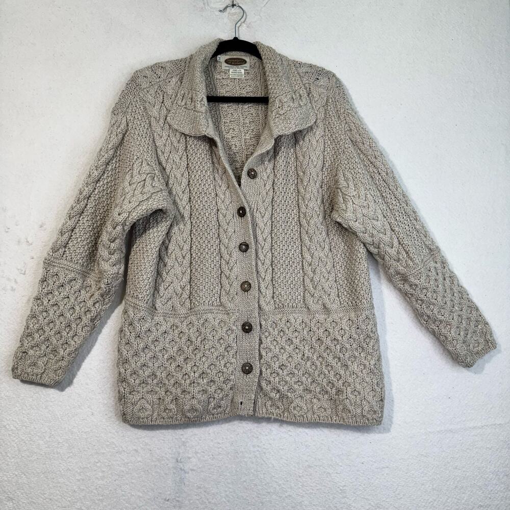 Sweaters Of Ireland Hand Finished Thick Chunky Cable Knit Wool Cardigan Medium